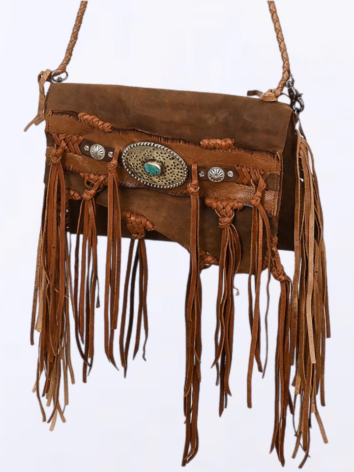 Granada Turquoise Inlay Leather Fringe Crossbody