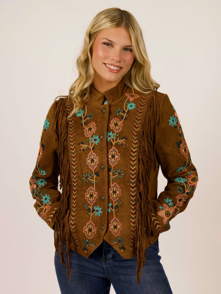 Cognac Leather Suede Beaded Fringe Western Jacket