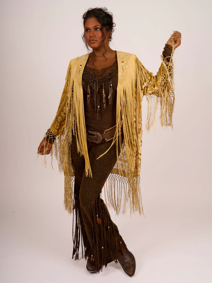Handcrafted Palomino Deerskin Leather Shoulder Fringe Collar by Pat Dahnke