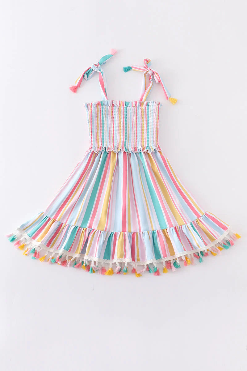Girls Striped tassel Smocked Dress - Salt and Grace Boutique