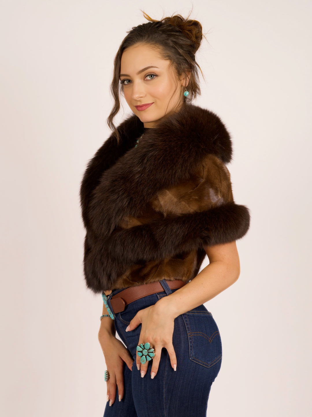 Premium Brown Mink & Fox Fur Cape