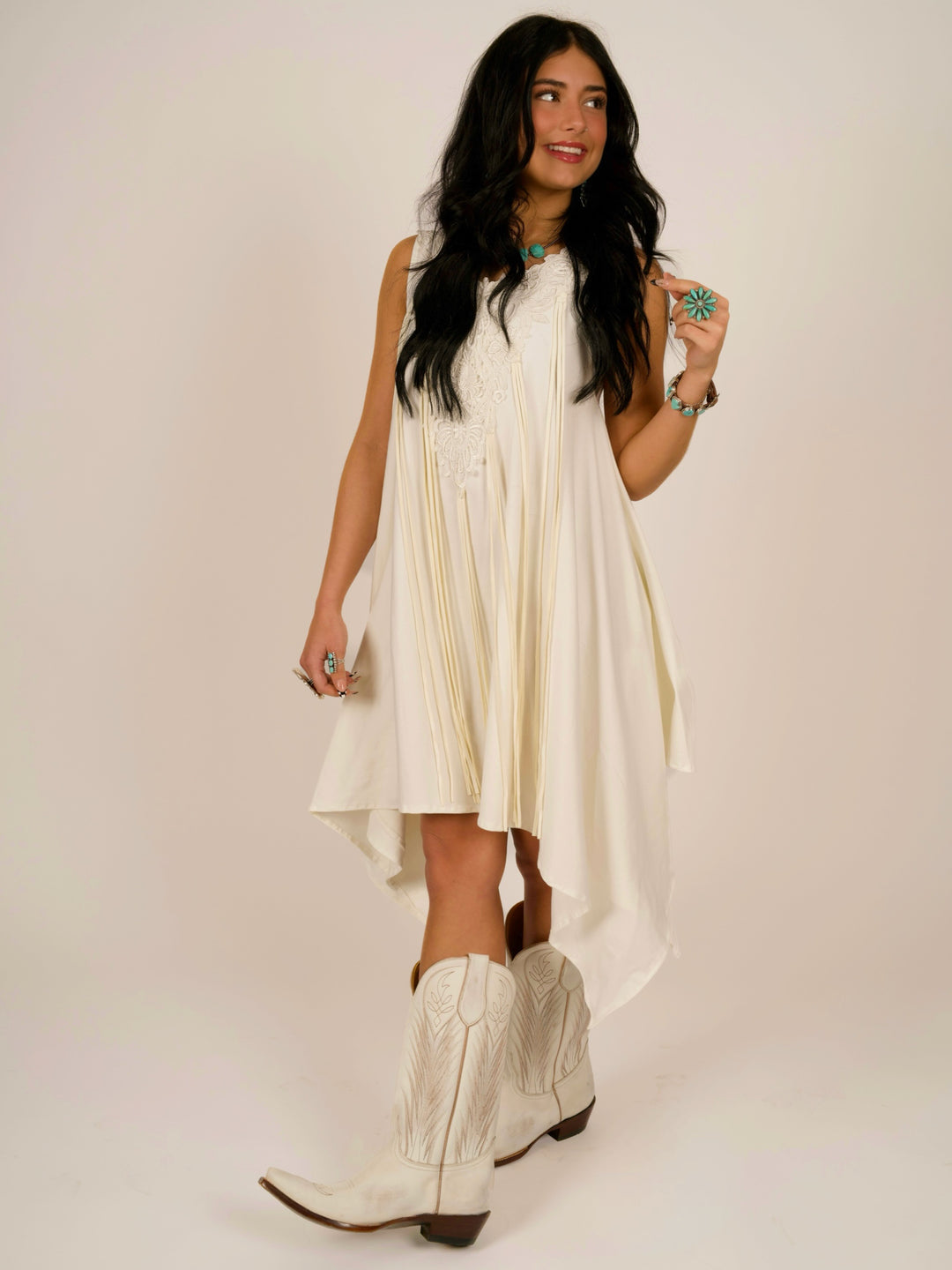 Ivory Shark Bite Sleeveless Designer Dress with Deerskin Fringe & Lace Neckline