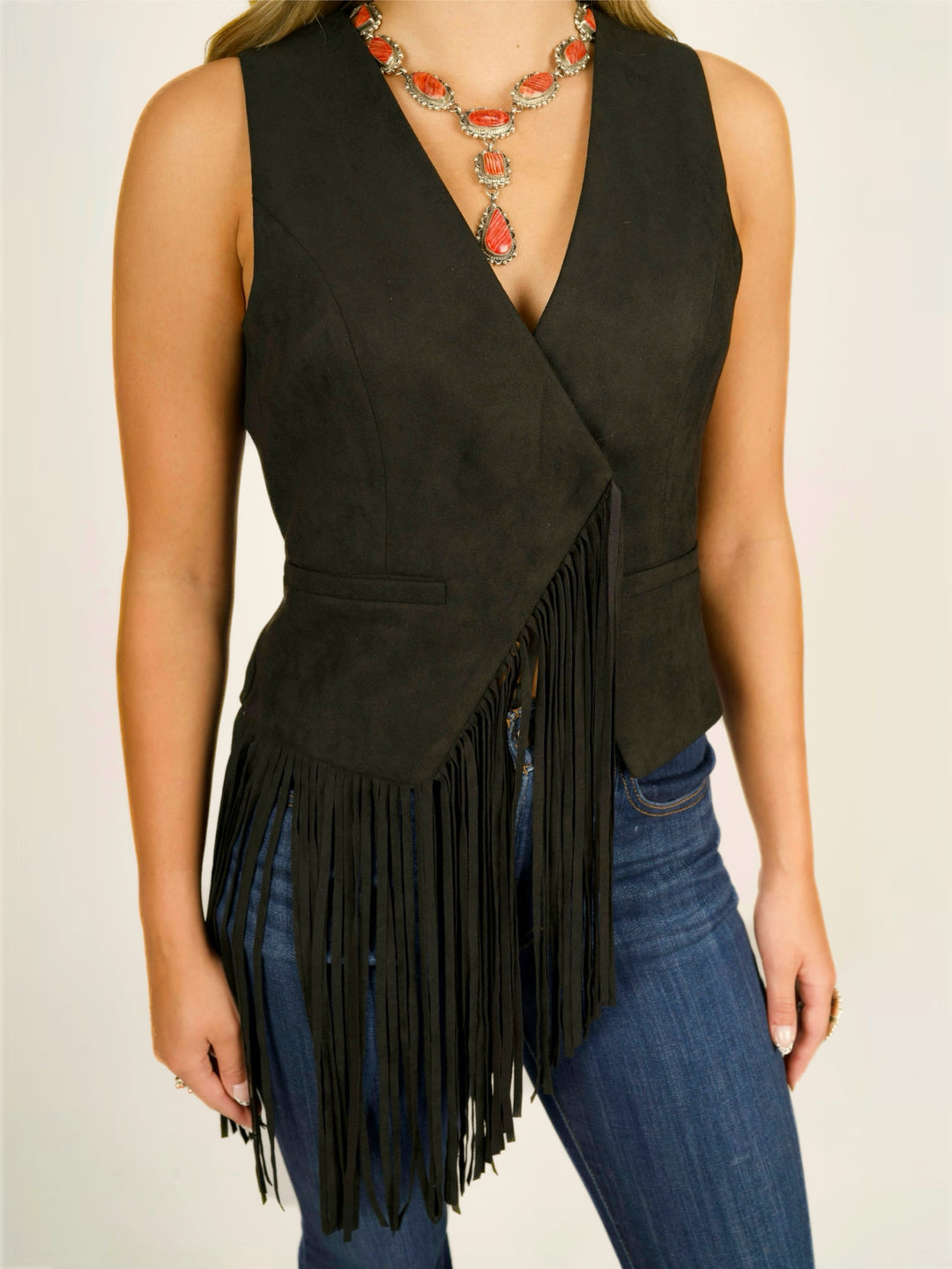 Black Faux Suede Asymmetrical Fringe Western Vest