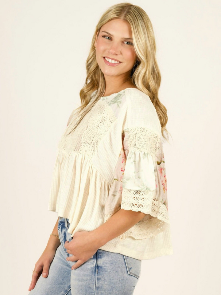 POL Vintage Bloom Ribbed Floral Boho Top