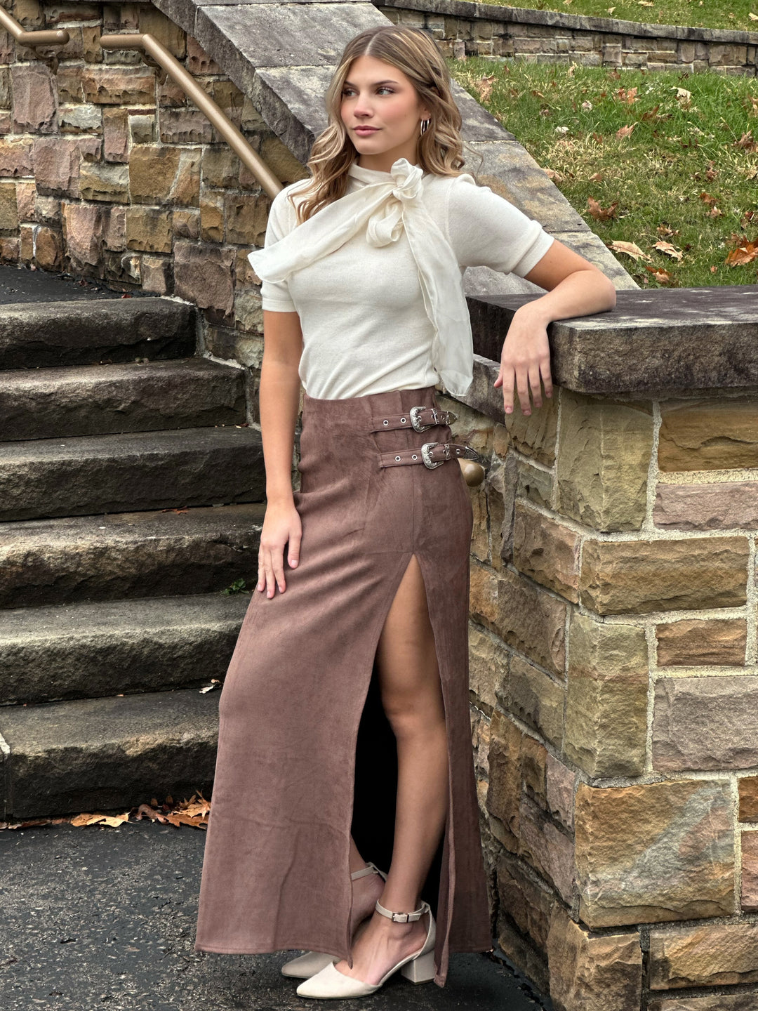 Suede Western Buckle Front Slit Maxi Skirt