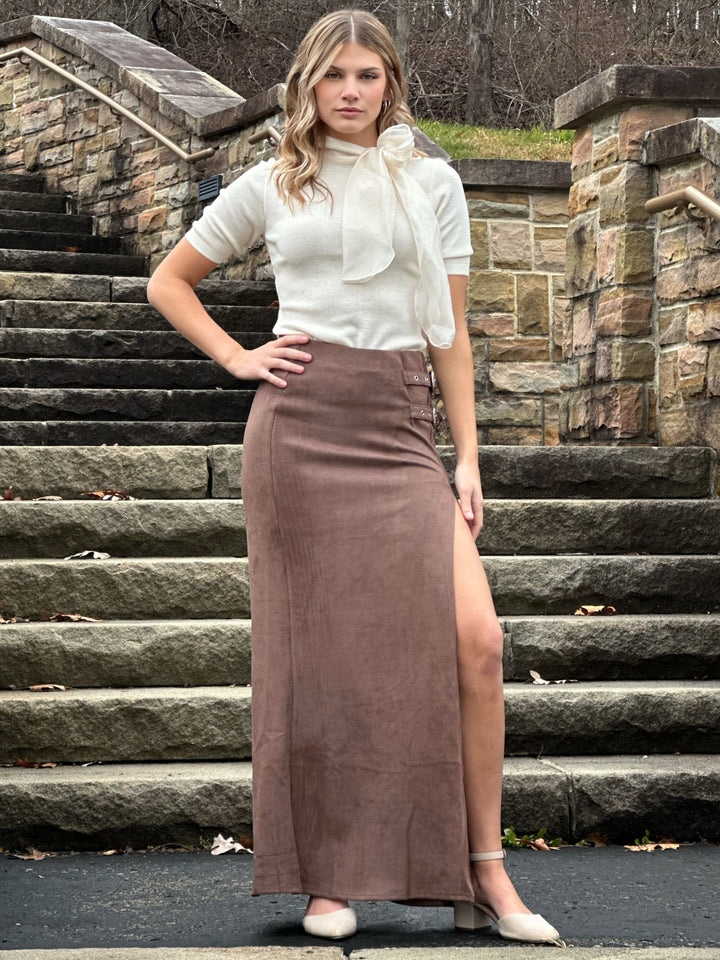 Suede Western Buckle Front Slit Maxi Skirt