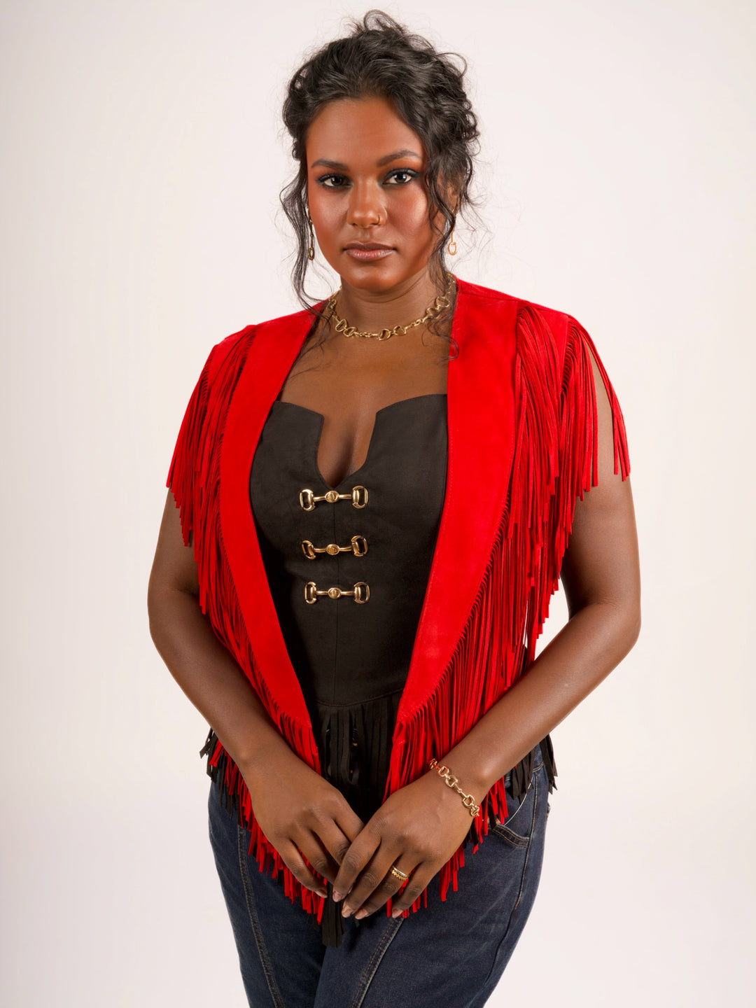 Handcrafted Red Suede Leather Fringe Shoulder Collar