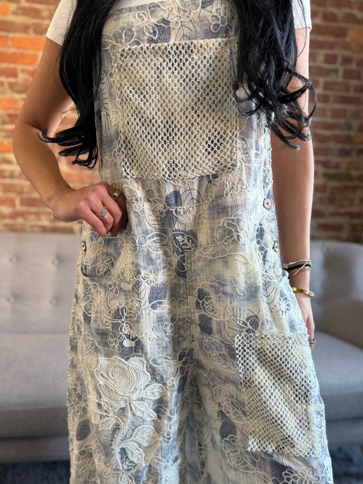 POL Indigo Blue Floral Overalls