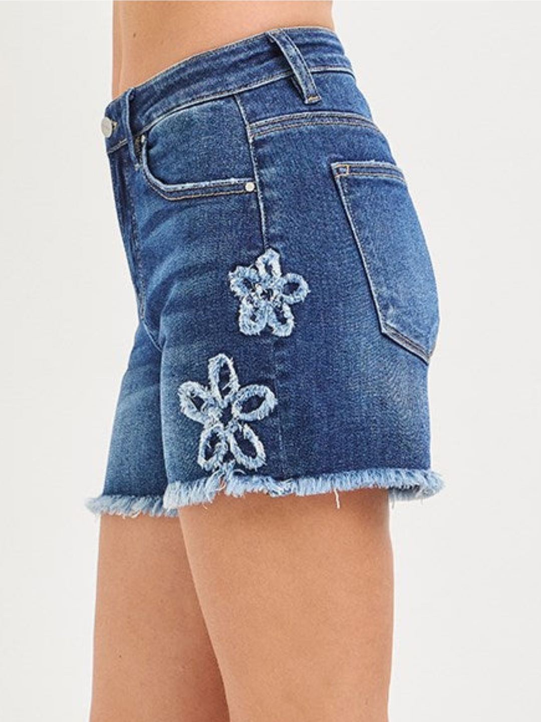 RISEN High-Rise Flower Patch Denim Shorts