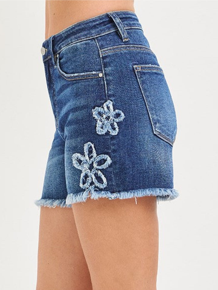 RISEN High-Rise Flower Patch Denim Shorts