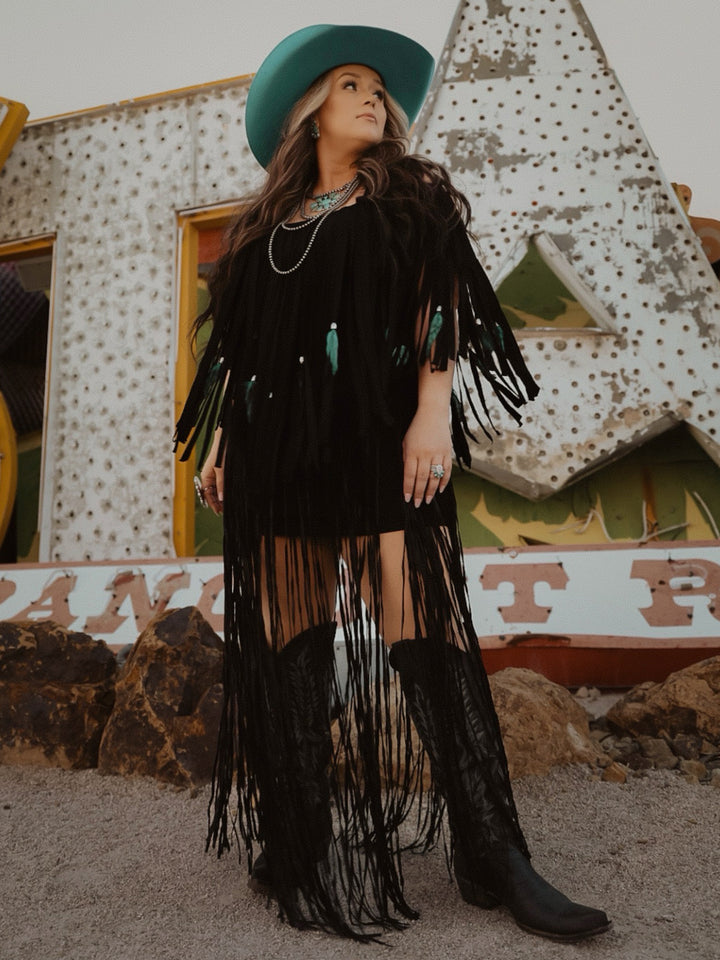 Feather & Fringe Peasant Body-con Mini Dress