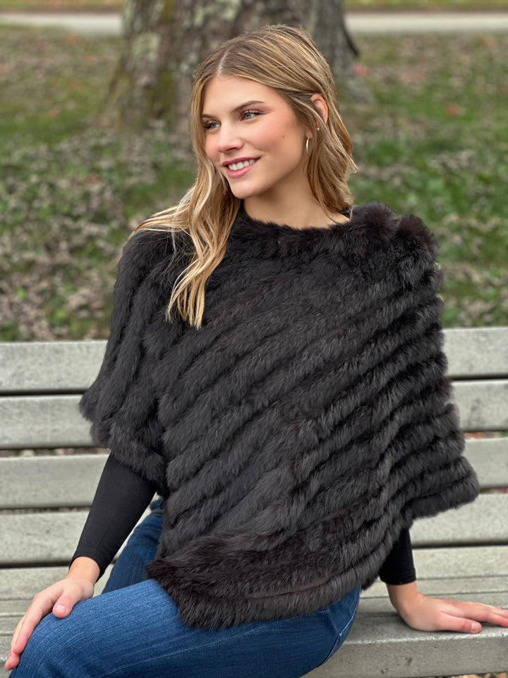 Chocolate Knitted Rabbit Fur Poncho