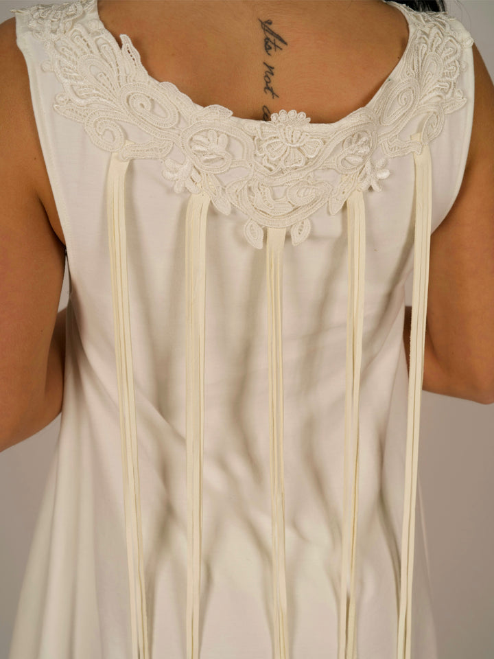 Ivory Shark Bite Sleeveless Designer Dress with Deerskin Fringe & Lace Neckline