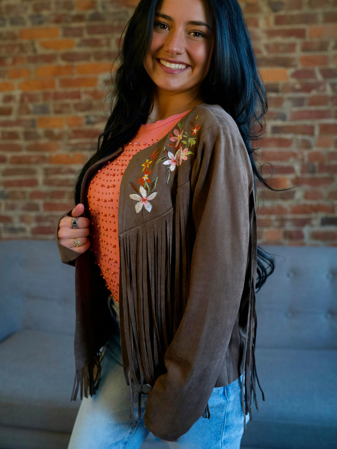 Fringe & Flowers Brown Suede Jacket