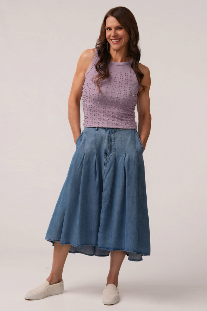 Pleated High Low Tencel Midi Skirt