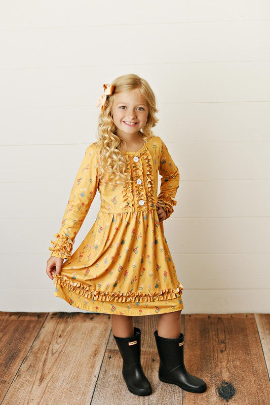 Girls Mustard Botanical Ruffle Button Dress