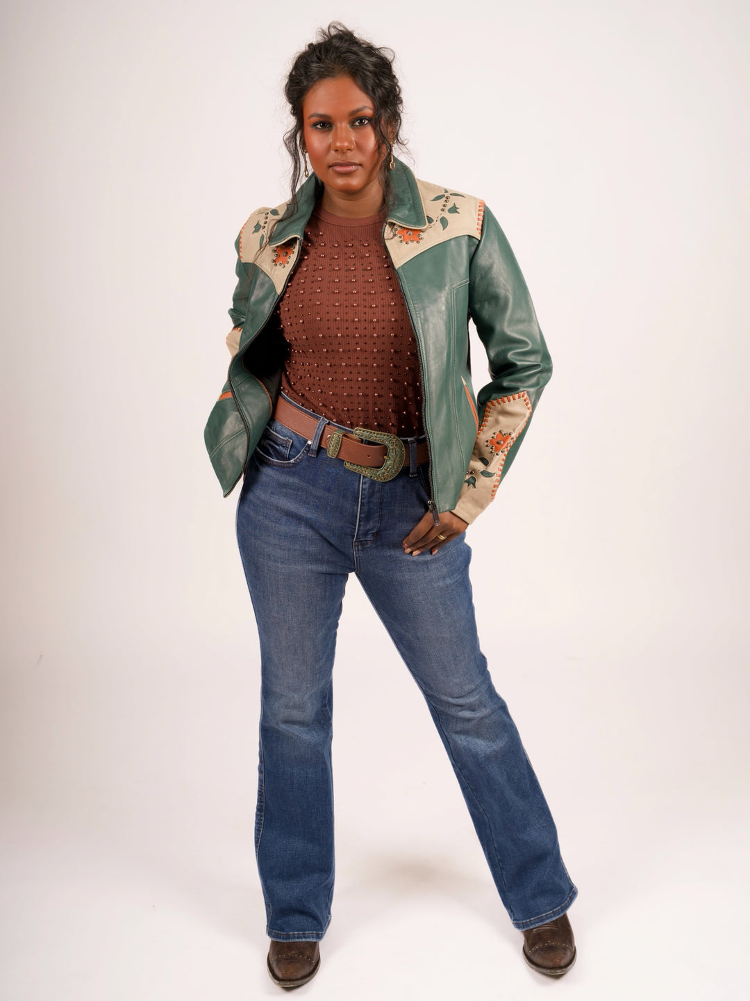 Forest Green Floral Inlay Western Leather Jacket