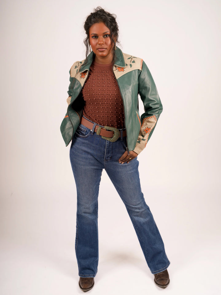 Forest Green Floral Inlay Western Leather Jacket