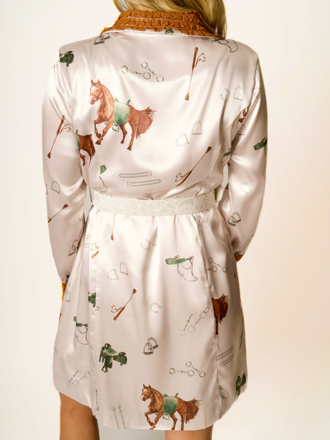 Chic Satin Equestrian Horse Print Belted Mini Dress
