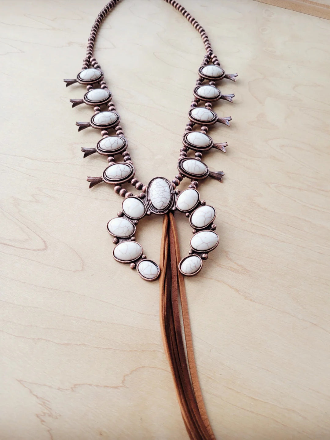 White Turquoise Squash Blossom Necklace w/ Tan Tassel