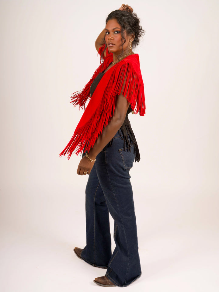 Handcrafted Red Suede Leather Fringe Shoulder Collar
