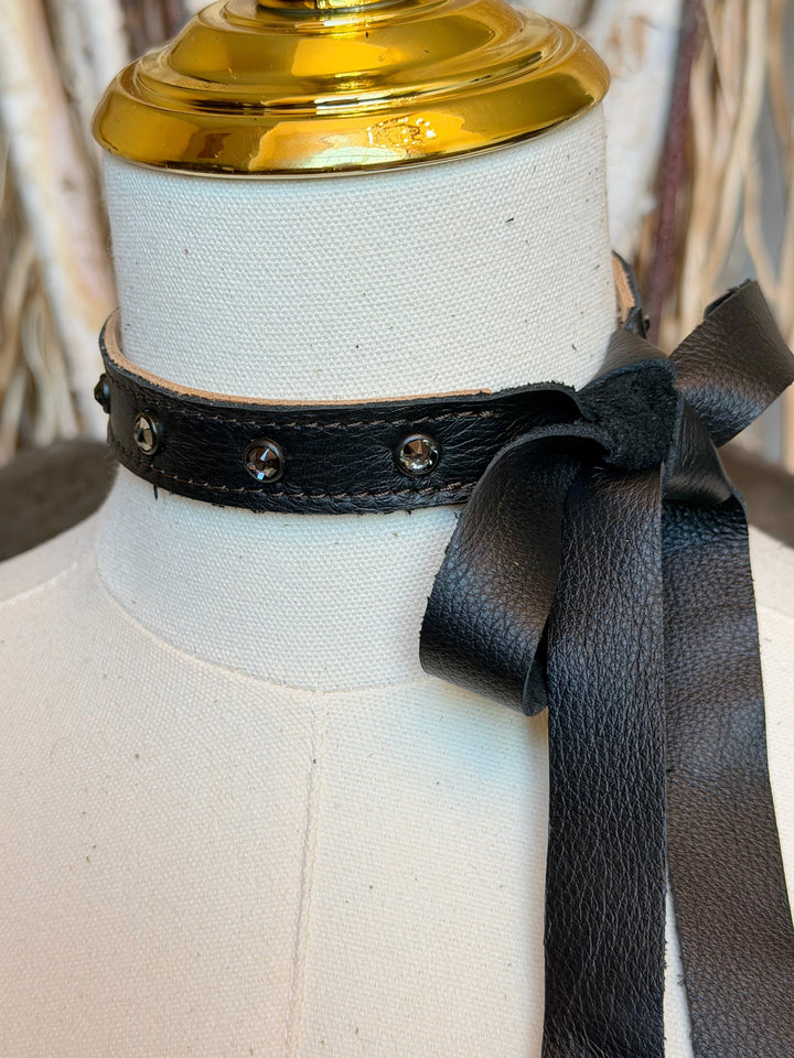 Black Smokey Crystal Leather Choker Necklace