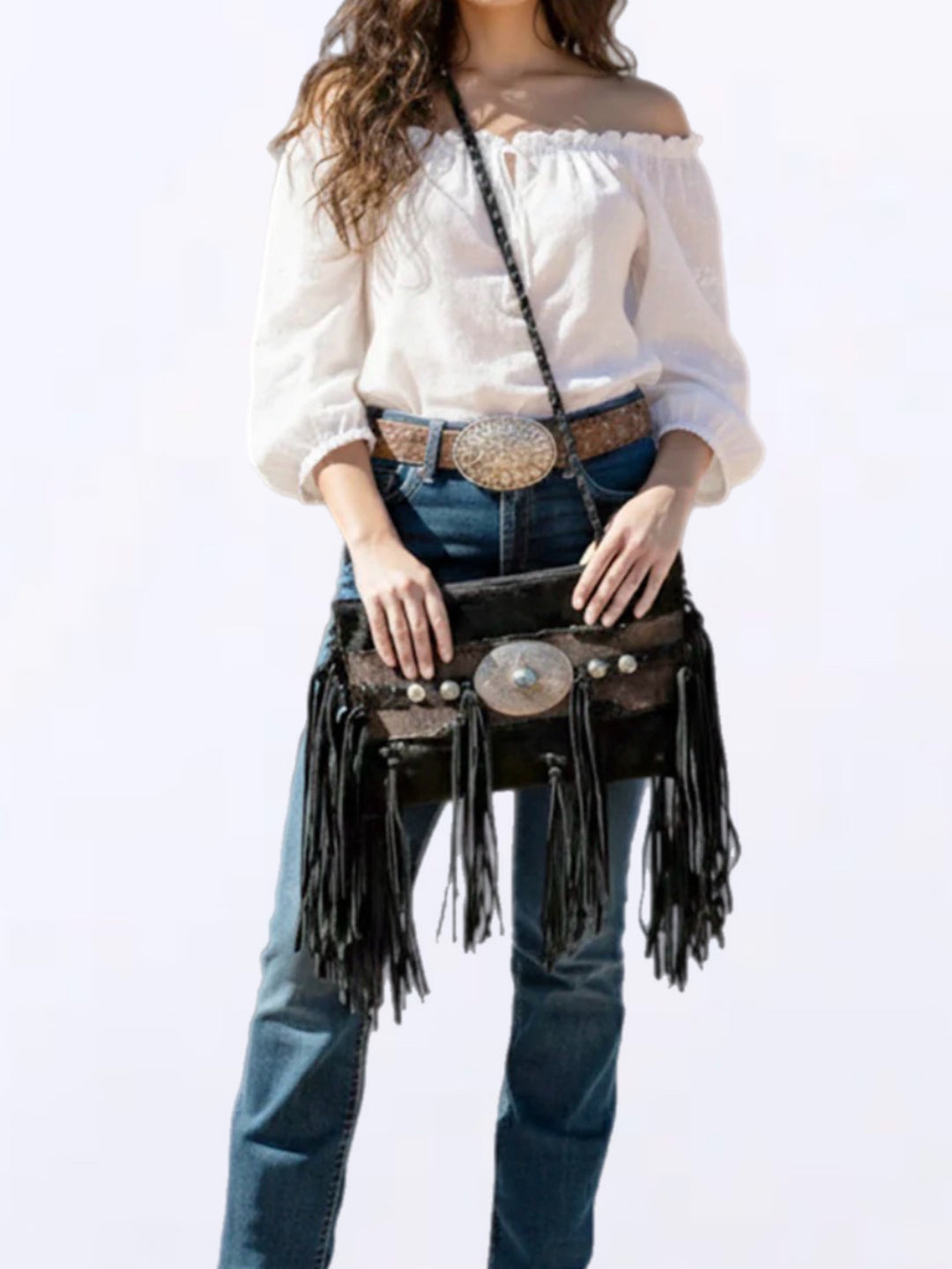 Silver Concho Turquoise Inlay Black Leather Fringe Crossbody