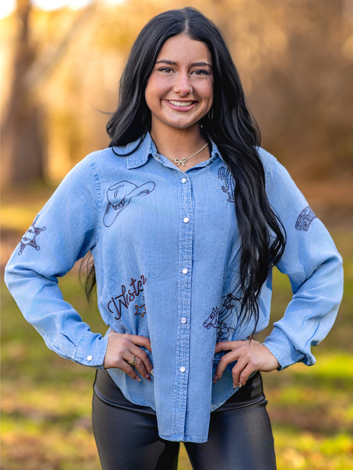 Retro Cowgirl Pearl Snap Western Blouse
