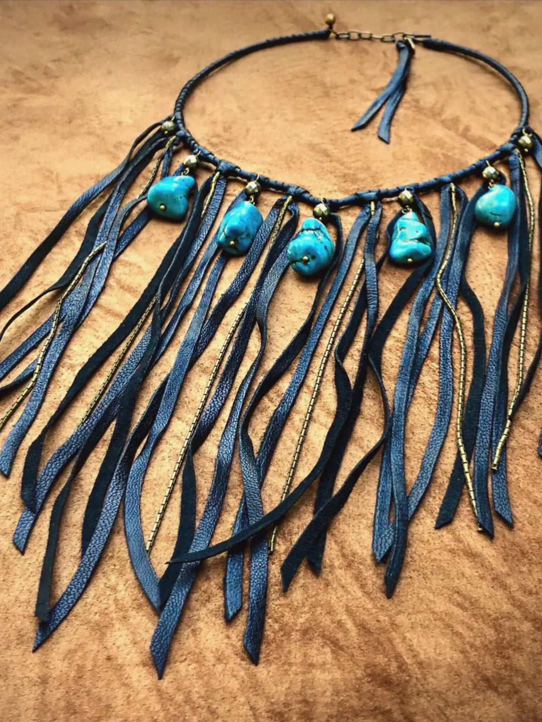 Black Leather  & Turquoise Stone Fringe Collar Necklace