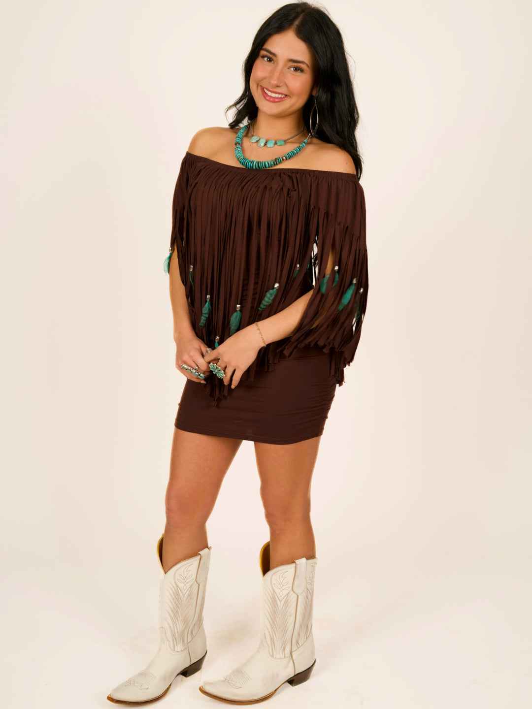 Feather & Fringe Peasant Body-con Mini Dress
