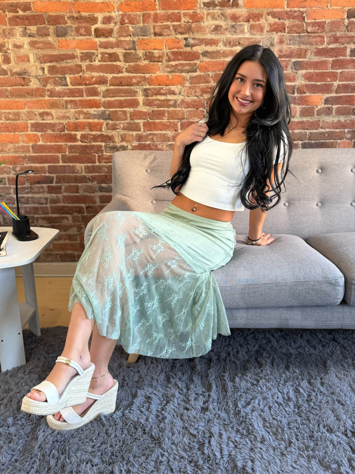 Sage Asymmetrical Lace Slip MIDI Skirt