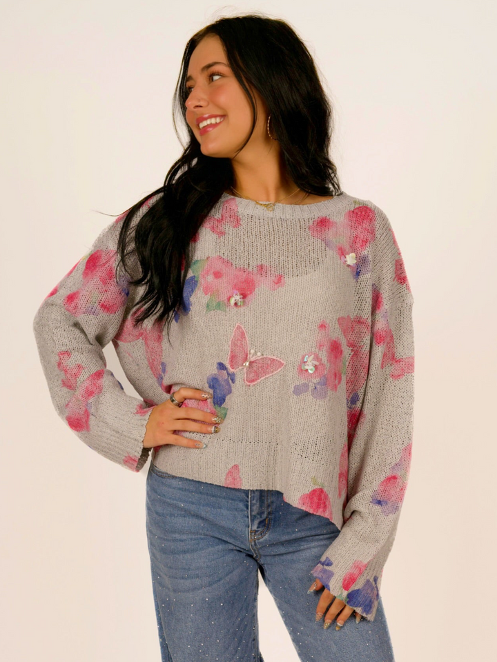 POL Butterfly Sparkle Romantic Long Sleeve Sweater