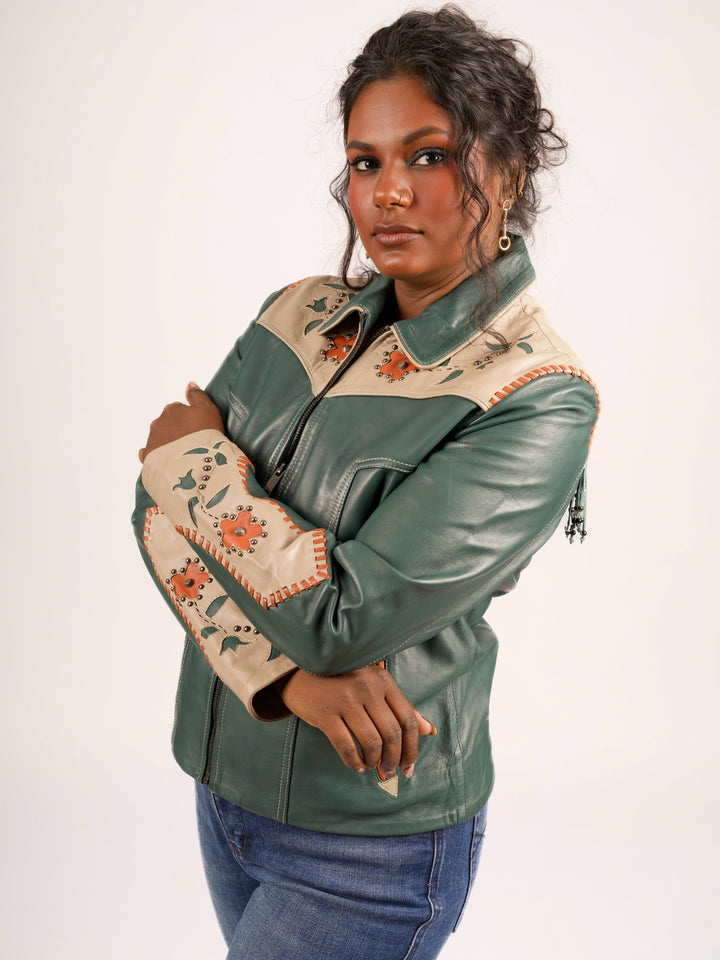 Forest Green Floral Inlay Western Leather Jacket