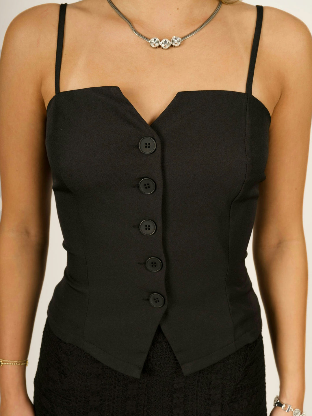 Tailored Button Front Black Tank Top