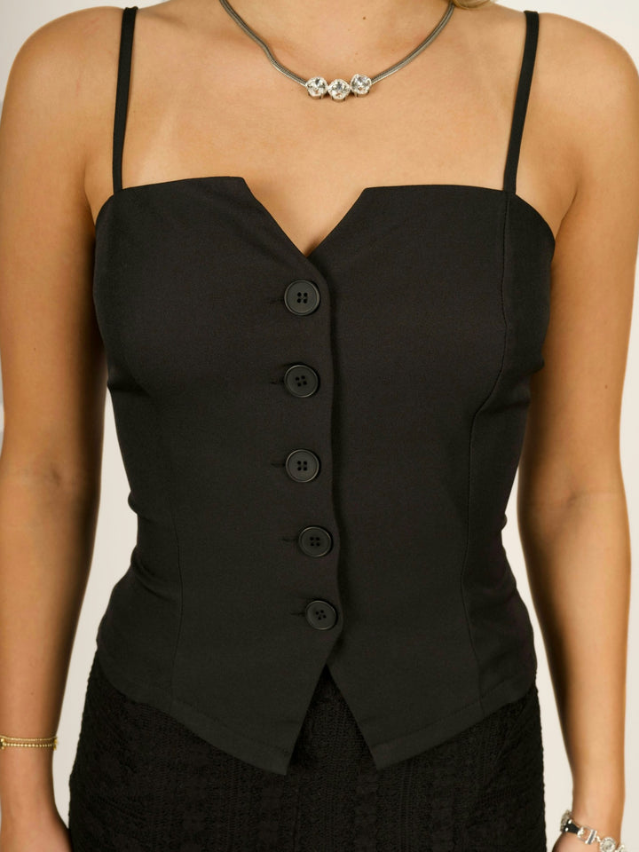 Tailored Button Front Black Tank Top