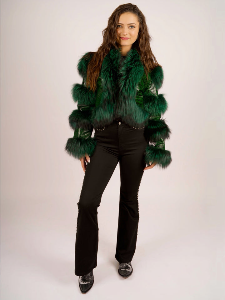 Emerald Green LEATHER & FOX FUR Rockstar JACKET
