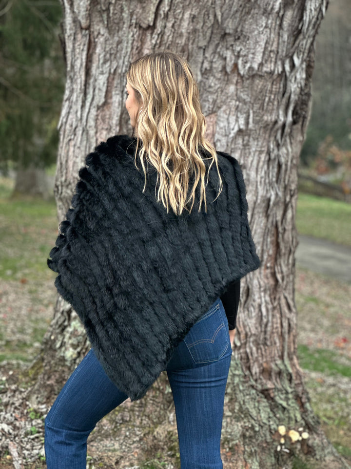 Black Knitted Rabbit Fur Poncho