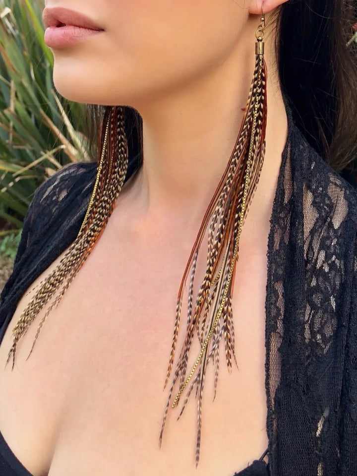 Extra Long  Fawn & Grizzly Feather Earrings
