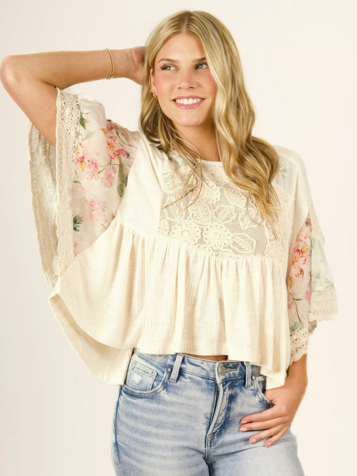POL Vintage Bloom Ribbed Floral Boho Top