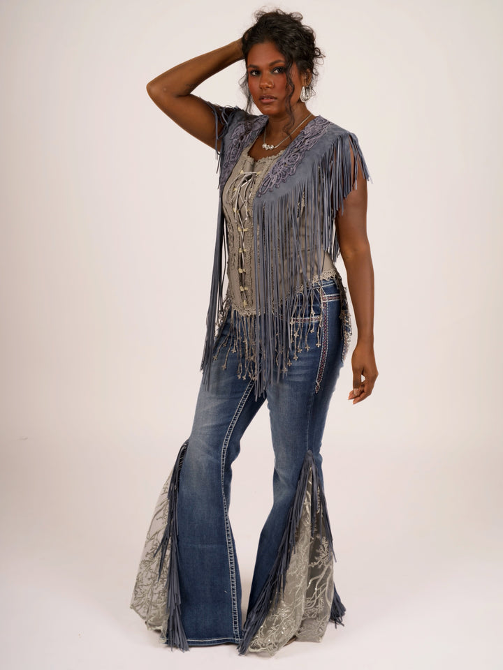 Handcrafted Denim Blue Suede Shoulder Fringe Collar by Pat Dahnke