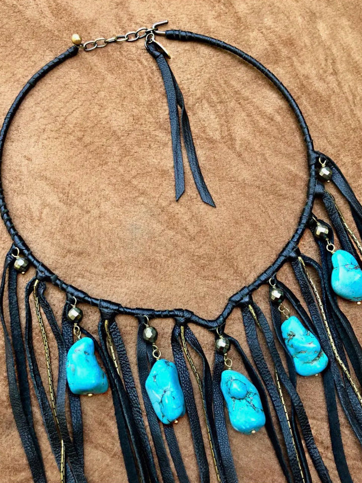 Black Leather  & Turquoise Stone Fringe Collar Necklace
