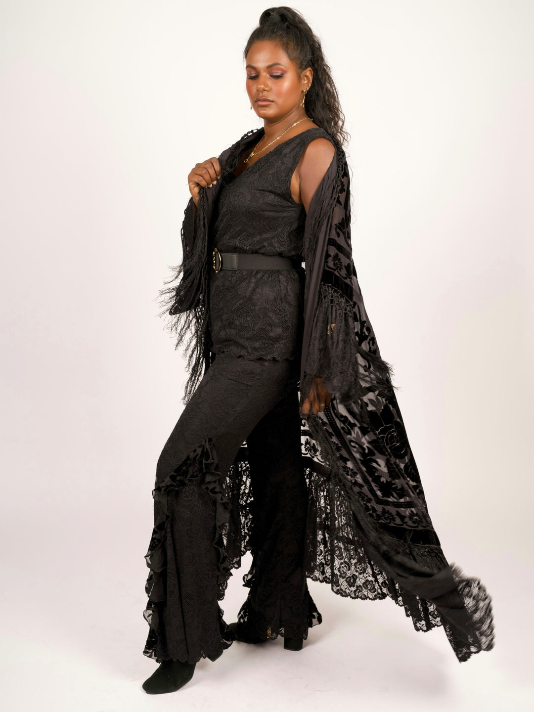 Pat Dahnke Black Stevie Nicks Burnout Velvet & Lace Duster