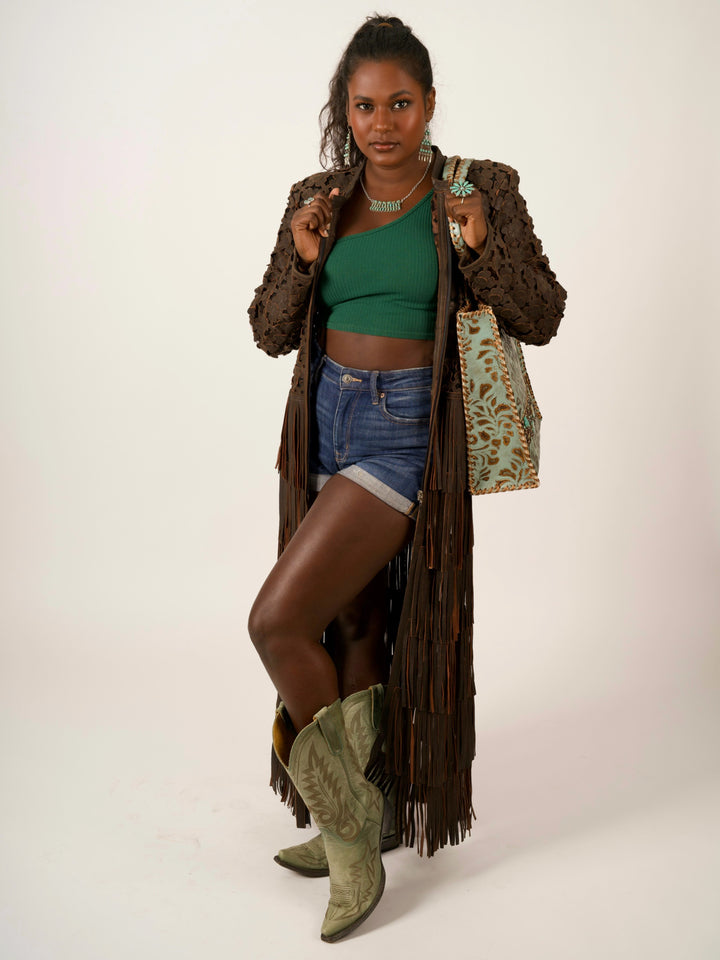 Italian Leather Laser-Cut Fringe Duster Jacket