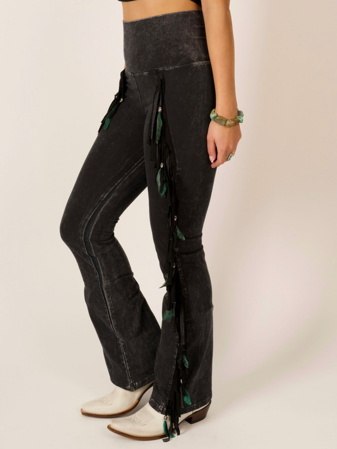 Black Full Fringe & Feather Mineral Wash Western Leggings