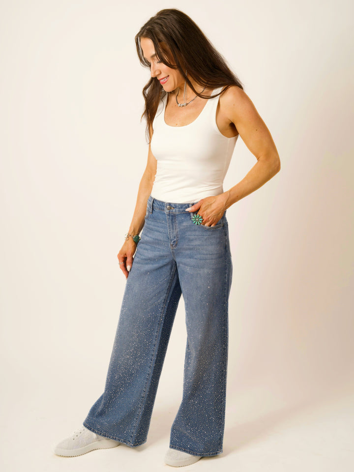 Medium Wash Rhinestone Wide Leg Jeans