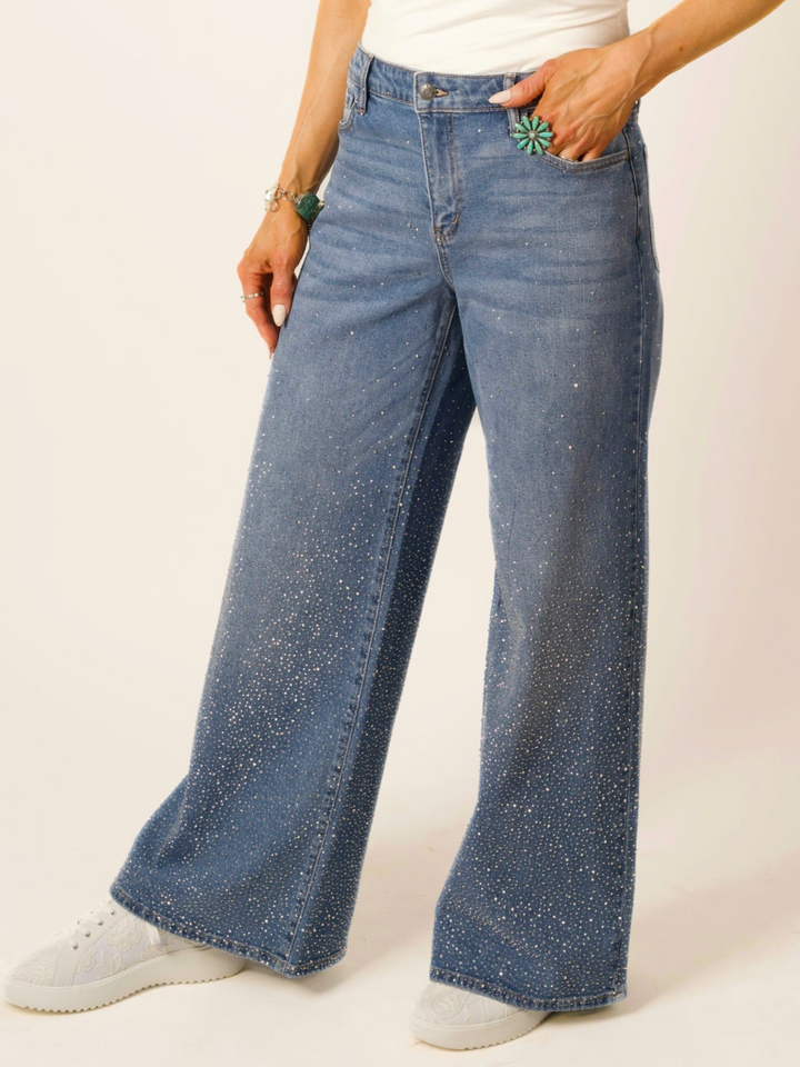 Medium Wash Rhinestone Wide Leg Jeans