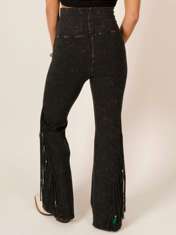 Black Half Fringe & Feather Mineral Wash Western Leggings
