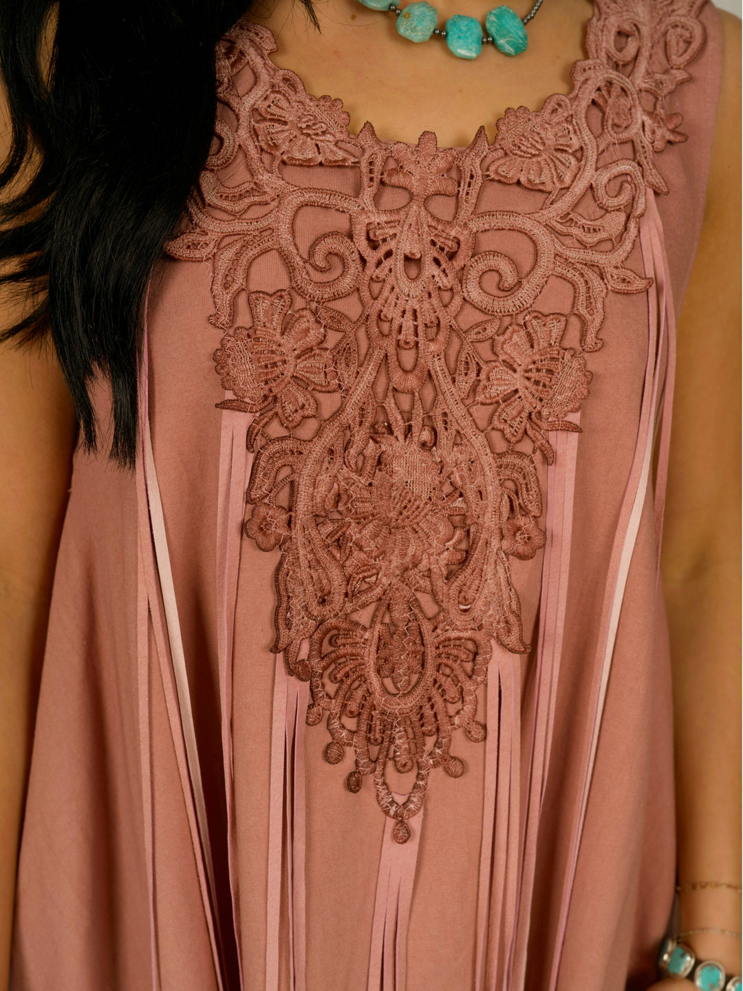Pink Shark Bite Sleeveless Designer Dress with Pigsuede Fringe & Lace Neckline