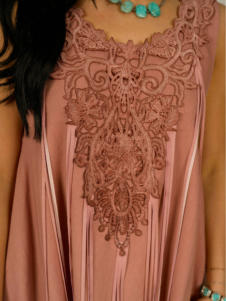 Pink Shark Bite Sleeveless Designer Dress with Pigsuede Fringe & Lace Neckline