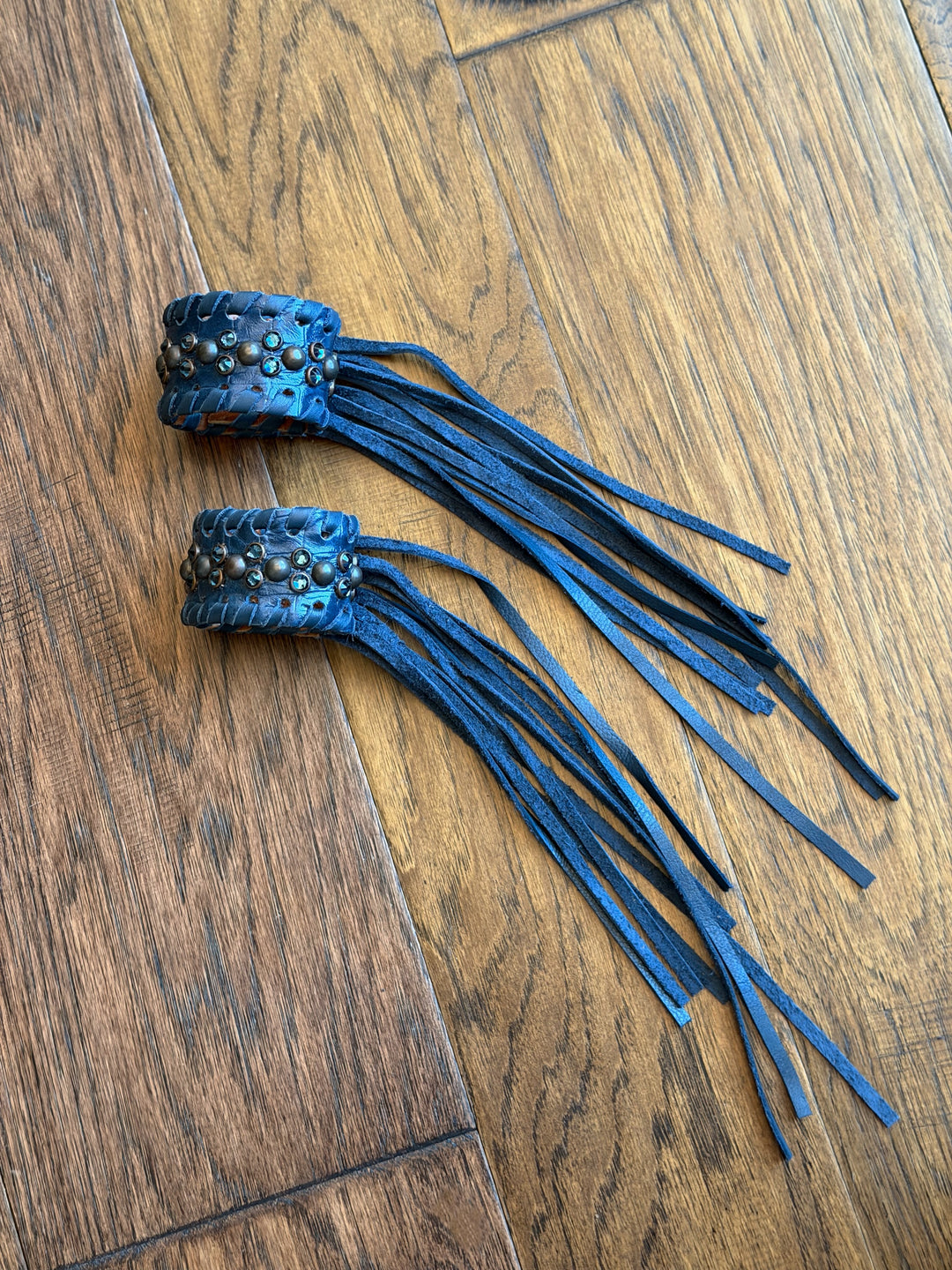 Single Navy Crystal Leather Fringe Cuff Bracelet
